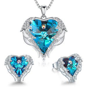 Angel Wing Love Heart Necklaces and Earrings - Blue Mermaid